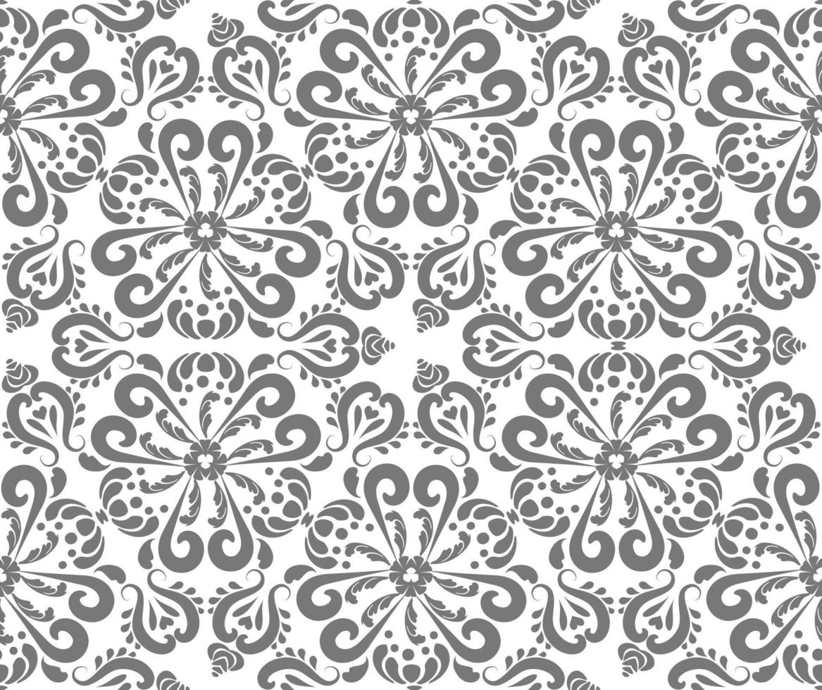Gray oriental ornament seamless pattern. Rich damask pattern background. Gray, white color. Decorative texture. Mehndi patterns. For fabric, wallpaper, packaging. vector