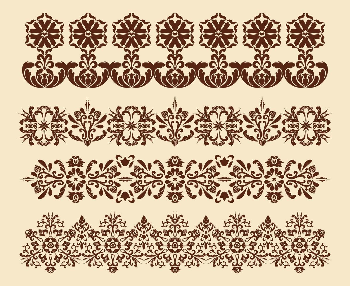 Set of four border ornaments. Patterned frames Damascus in antique style. Vector design element. Computer graphics.