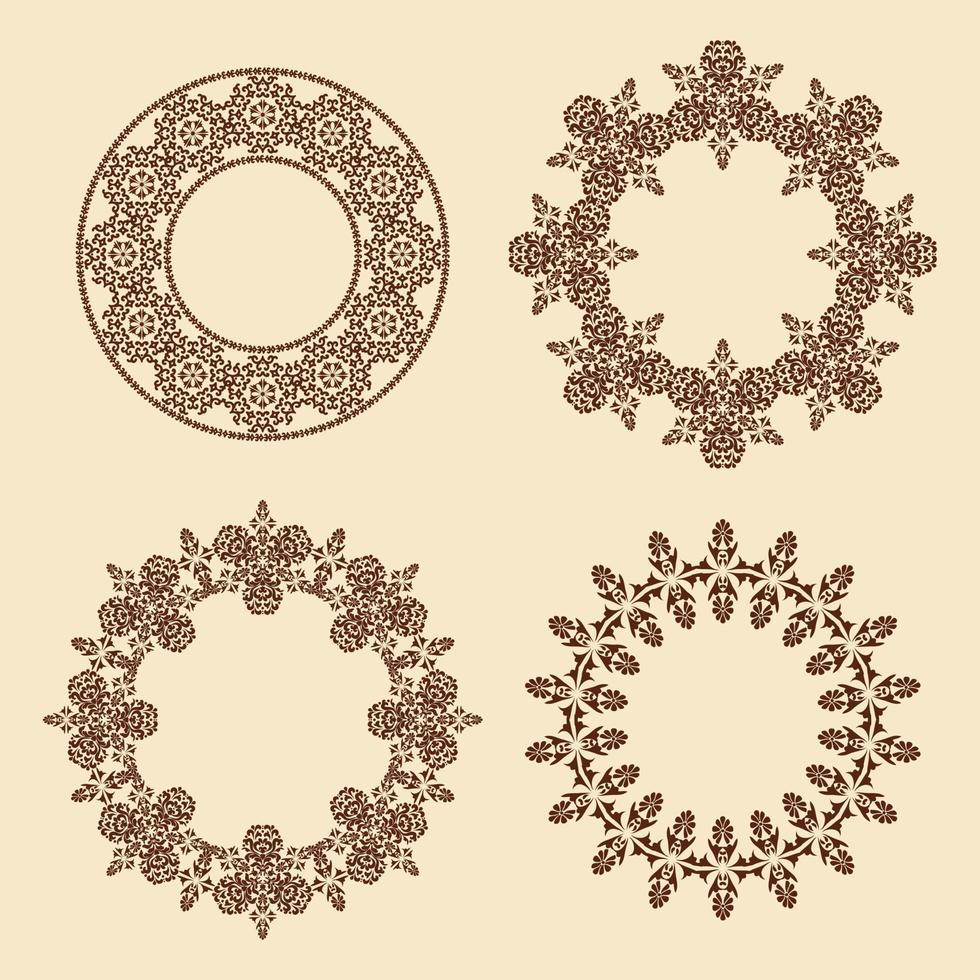 conjunto vectorial de adornos de marco circular. cuatro bordes estampados ornamentales ovalados. marco circular vector