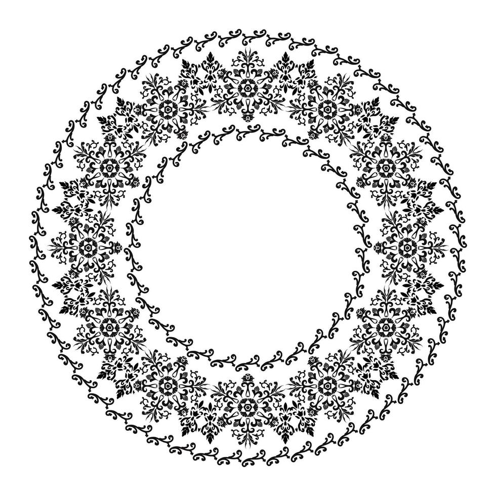 Floral carved circle frame. For the design of frames, menus, wedding invitations or labels, for laser cutting, creating patterns in wood, marquetry. Digital graphics. Black and white. vector