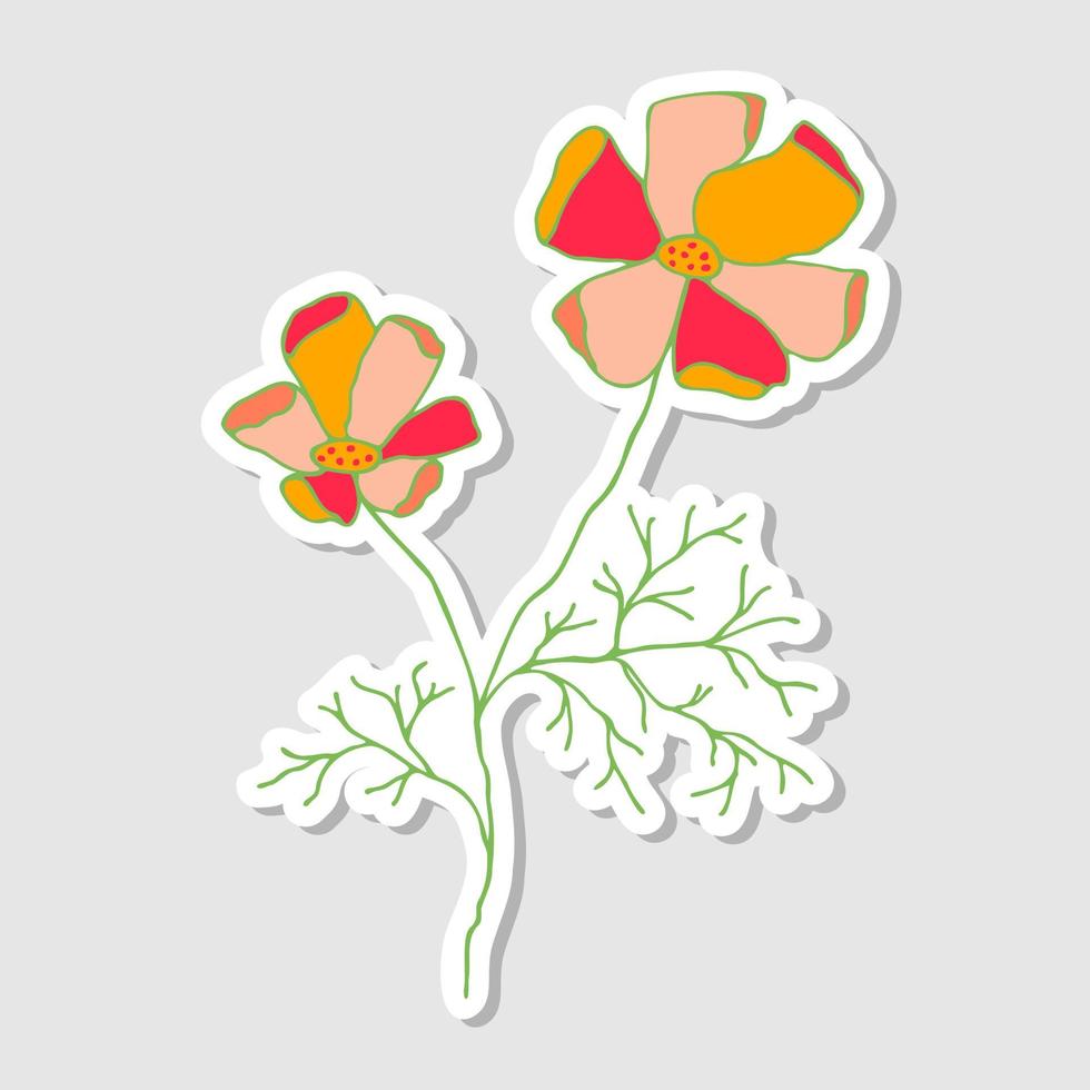 Illustration of the California Poppy. Stickers with flowers for the album. Beautiful floral stickers.Doodle style. Drawing bright flowers. Vector illustration.