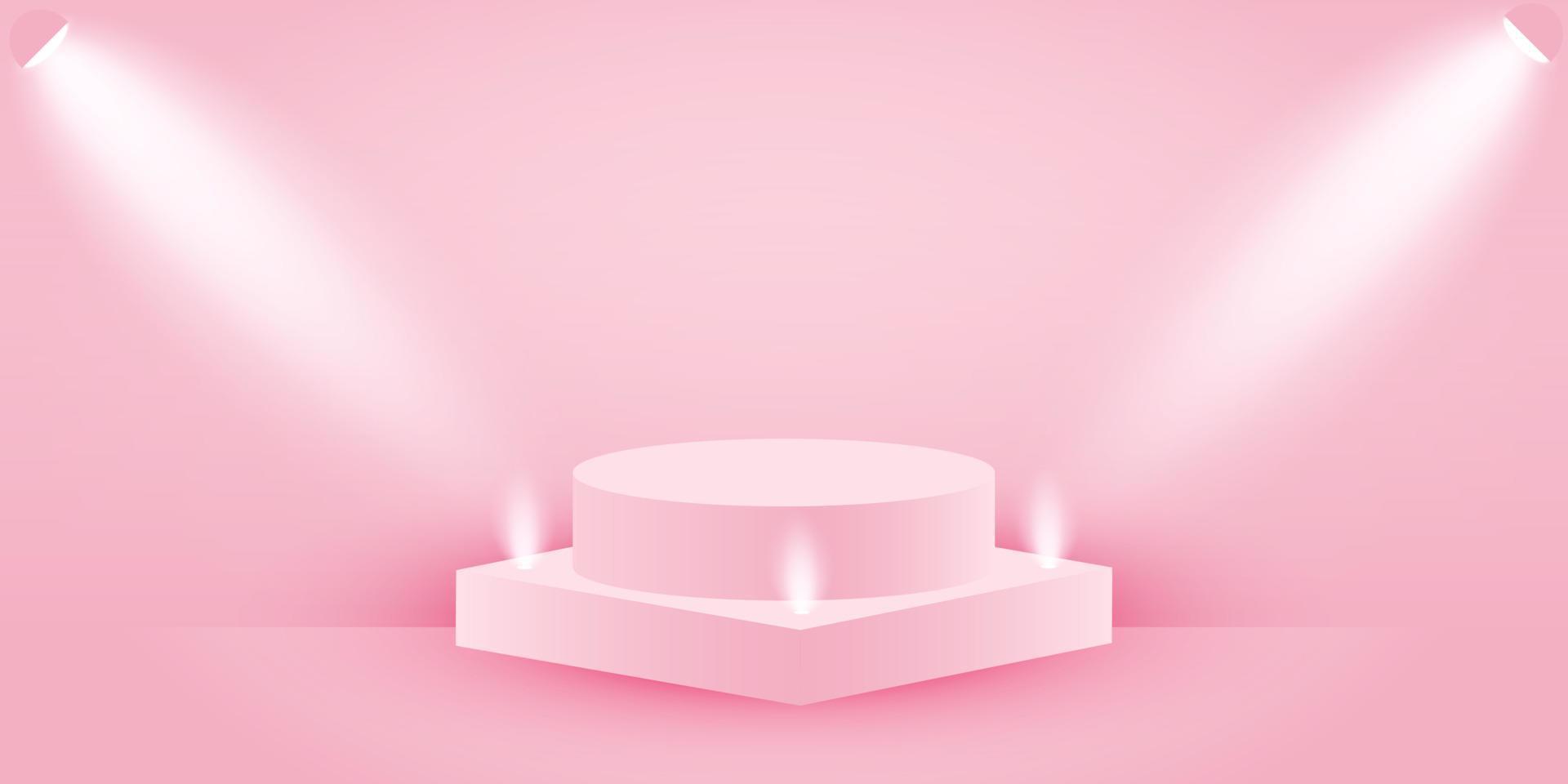 Pink podium 3d for presentation. Pink banner with geometric stage pedestal and soft light to showcase cosmetics and other product. Pastel vector background.