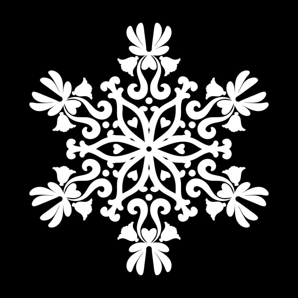 mandala con motivos florales. adorno redondo blanco como un copo de nieve sobre un fondo negro. en blanco y negro. patrones mehndi. para tela, papel pintado, patrón veneciano, textil, embalaje. vector