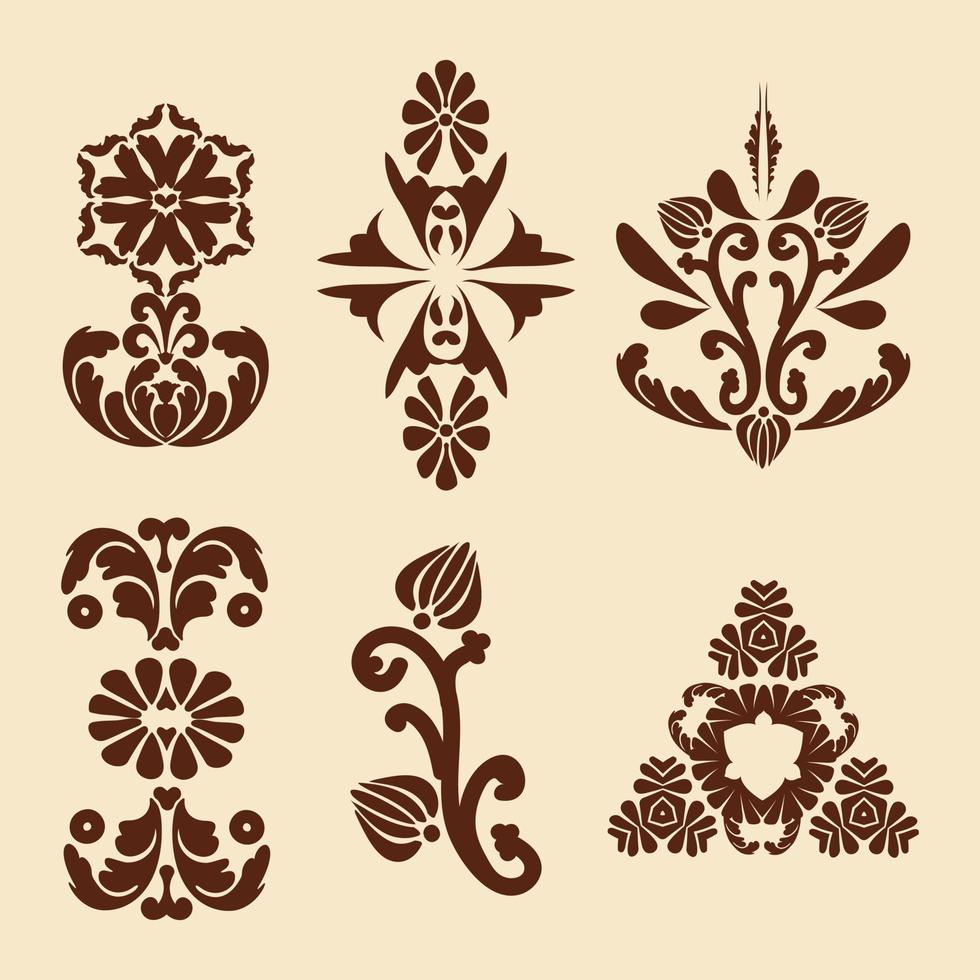 Vintage decorations for flower painting. Mehndi pattern. Damask patterns. Brown, beige color. For the design of wall, menus, wedding invitations or labels, for laser cutting, marquetry. vector