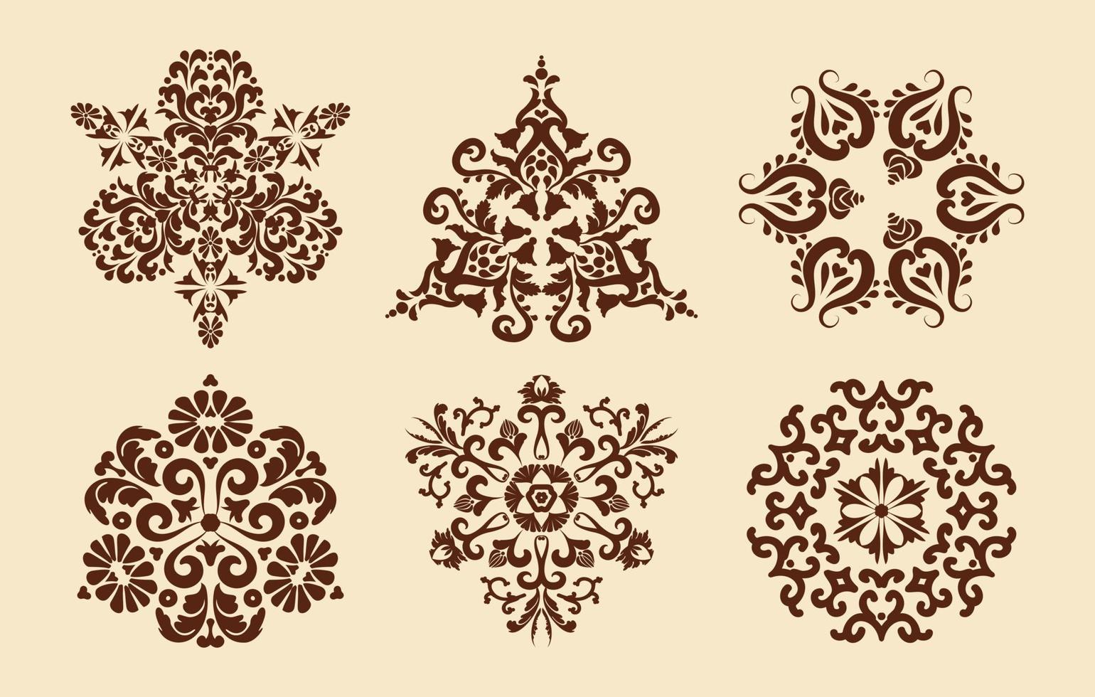 Set of six patterns of mandalas. Mehndi pattern. Decorative texture. Brown, beige color. For the design of wall, menus, wedding invitations or labels, for laser cutting, marquetry. vector