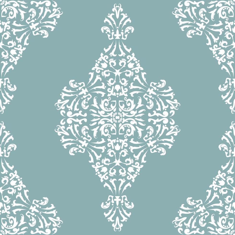 Victorian vintage white pattern on a pastel gray-green background. Damask decorative geometric seamless pattern. Pastel shades. Vector graphic vintage pattern. For fabric, tile, wallpaper or packaging