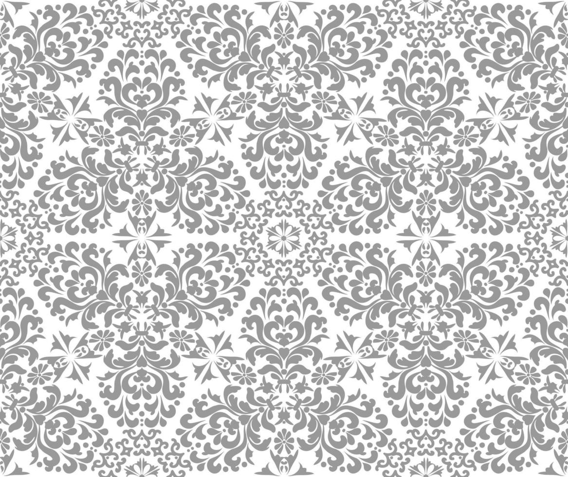 Silver Stylish Damask Seamless Vector Pattern. Silver, gray and white color. For fabric, wallpaper, venetian pattern,textile, packaging.