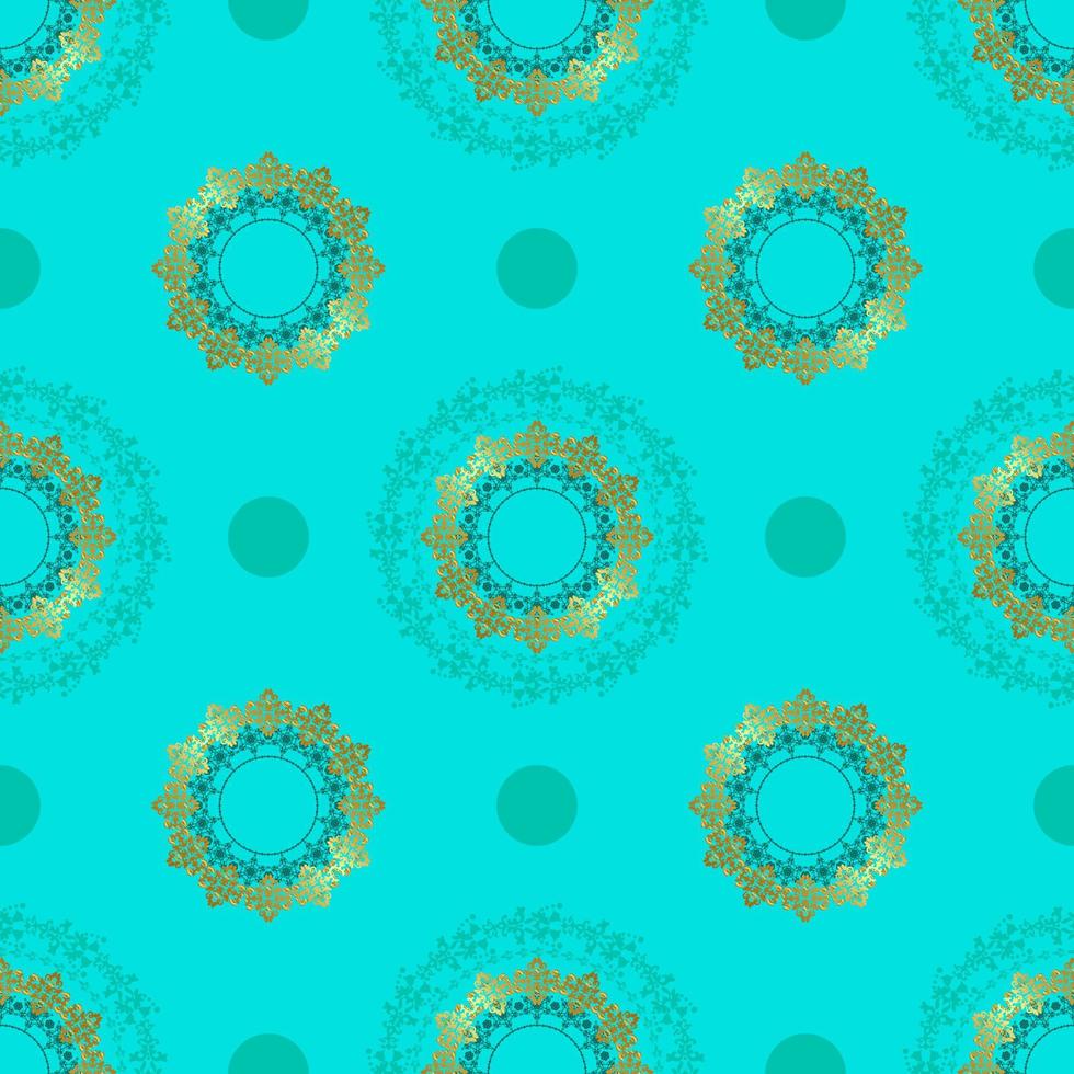 Seamless turquoise background with circular oriental patterns and gold. Patterned lace texture. Vector illustration.