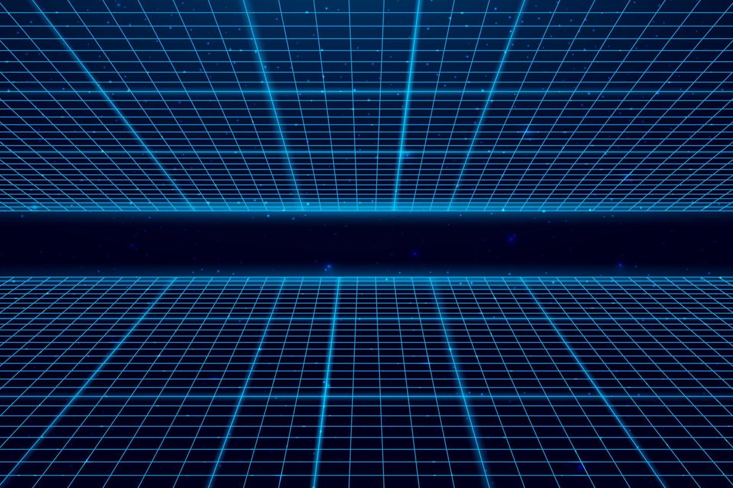 Wireframe perspective grid. Space neon infinity mesh, abstract retro  background. Vector illustration