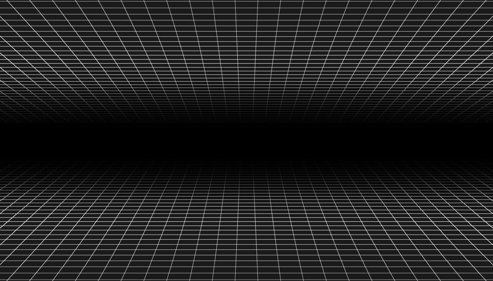 Wireframe perspective grid. White infinity mesh on black background, Abstract retro style. Vector illustration.