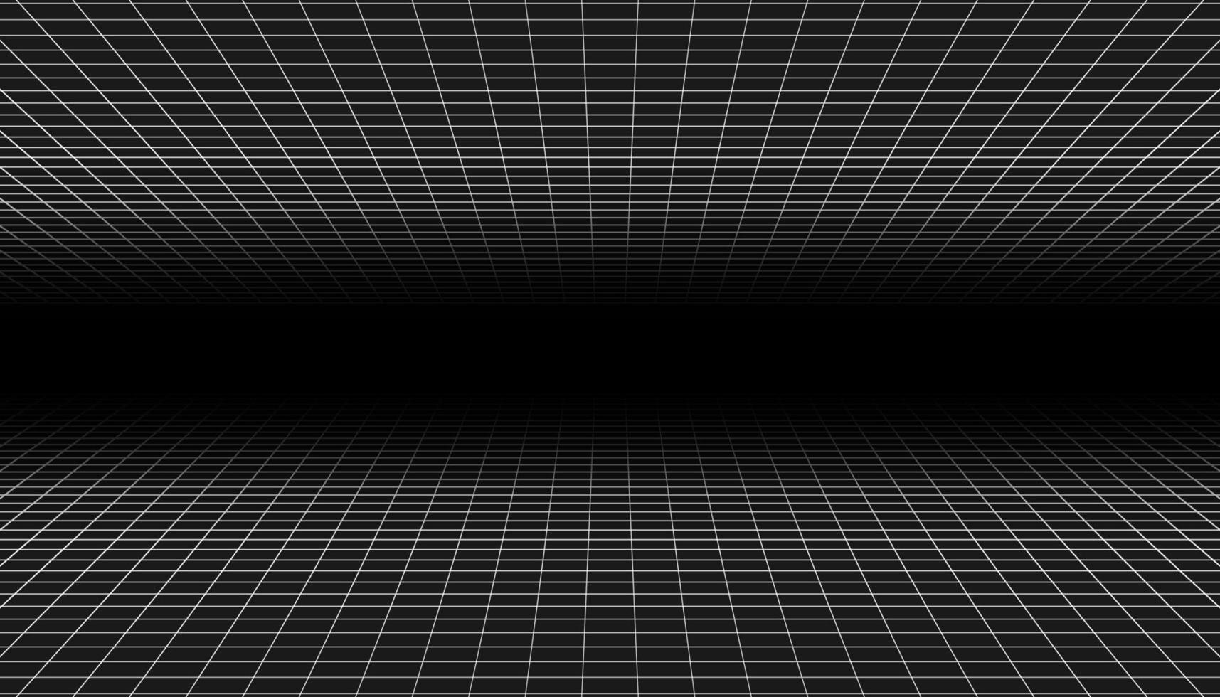 Wireframe perspective grid. White infinity mesh on black background, Abstract retro style. Vector illustration.