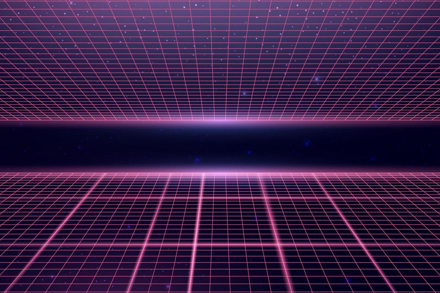 Wireframe perspective grid. Space neon infinity mesh, abstract retro  background. Vector illustration