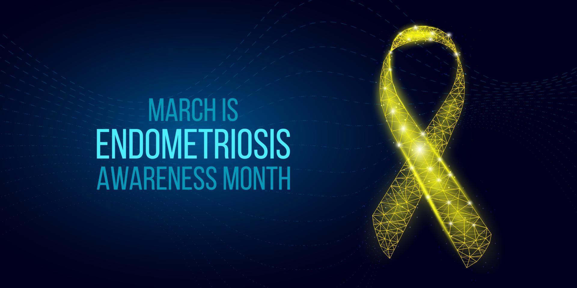 Endometriosis awareness month concept.  Banner with glowing low poly yellow ribbon awareness with uterus. Futuristic modern abstract background. Vector illustration.