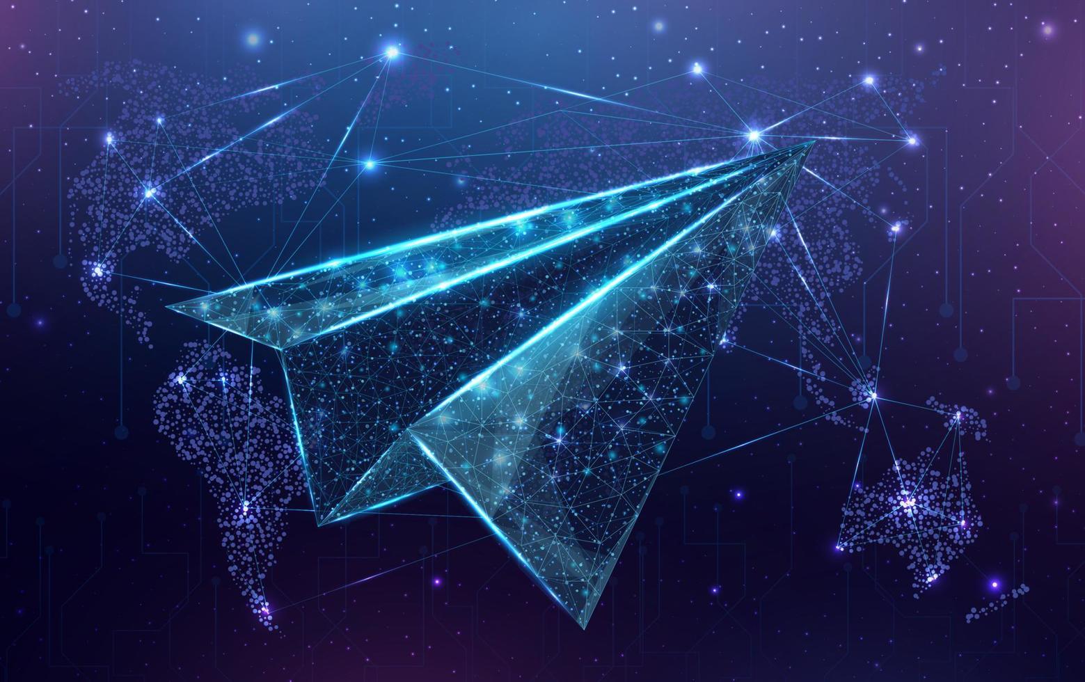 Polygonal paper plane with globe map. Business startup, growth, travel, way forward freedom concept. Wireframe low poly plane. Isolated on dark blue background. Vector illustration.