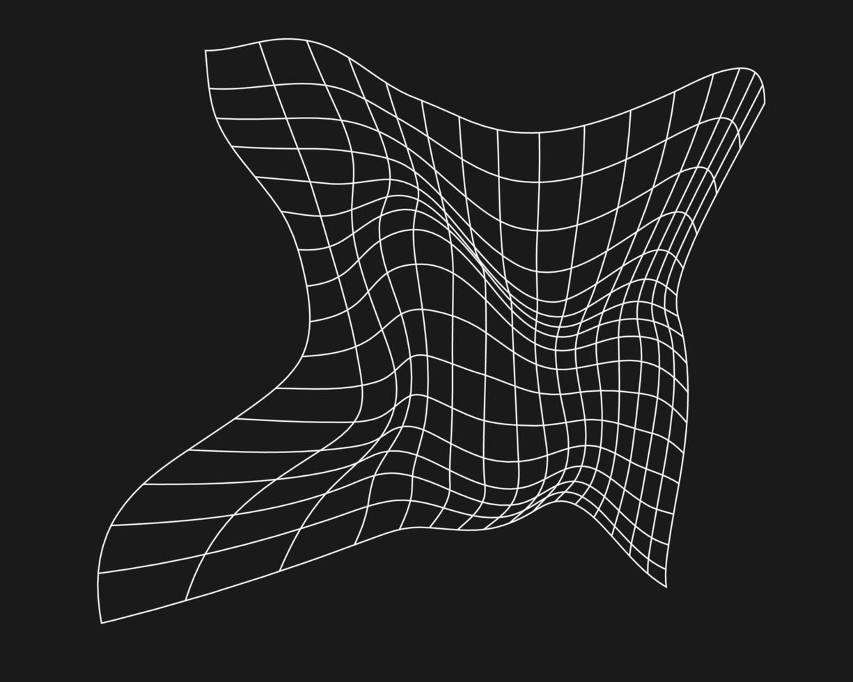 Cyber distorted grid, retro punk design element. Wireframe wave geometry grid on black background. Vector illustration