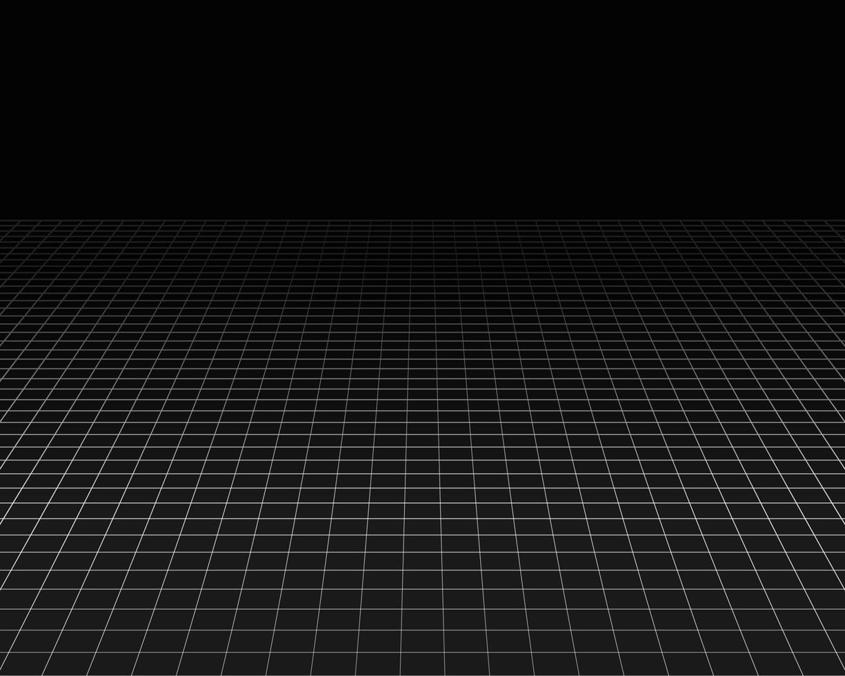 cuadrícula de perspectiva de estructura alámbrica. malla infinita blanca sobre fondo negro, estilo retro abstracto. ilustración vectorial vector