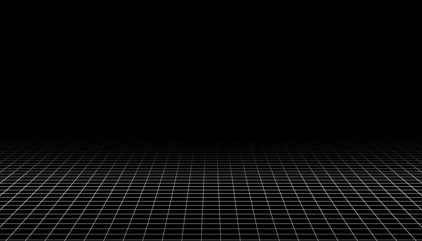 Wireframe perspective grid. White infinity mesh on black background, Abstract retro style. Vector illustration.