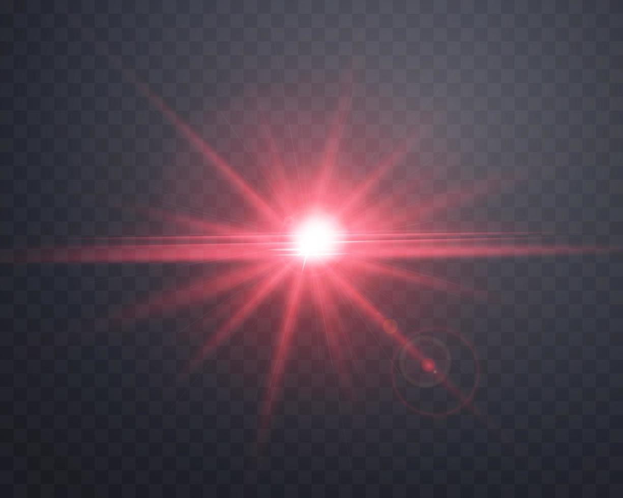 Red sunlight lens flare, sun flash with rays and spotlight. vector