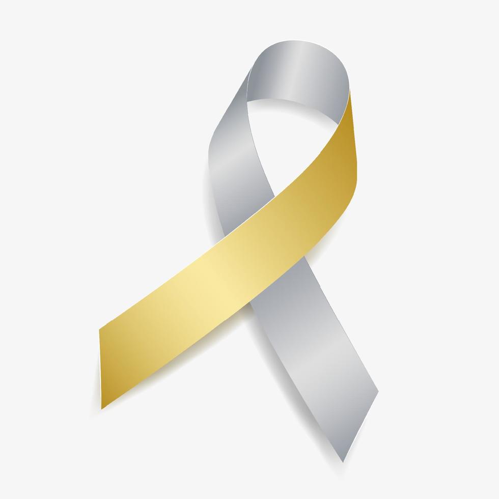 Silver and gold ribbon awareness Deafness, Hearing Disorders, Hearing Impairment, Hyperacusis. Isolated on white background. vector