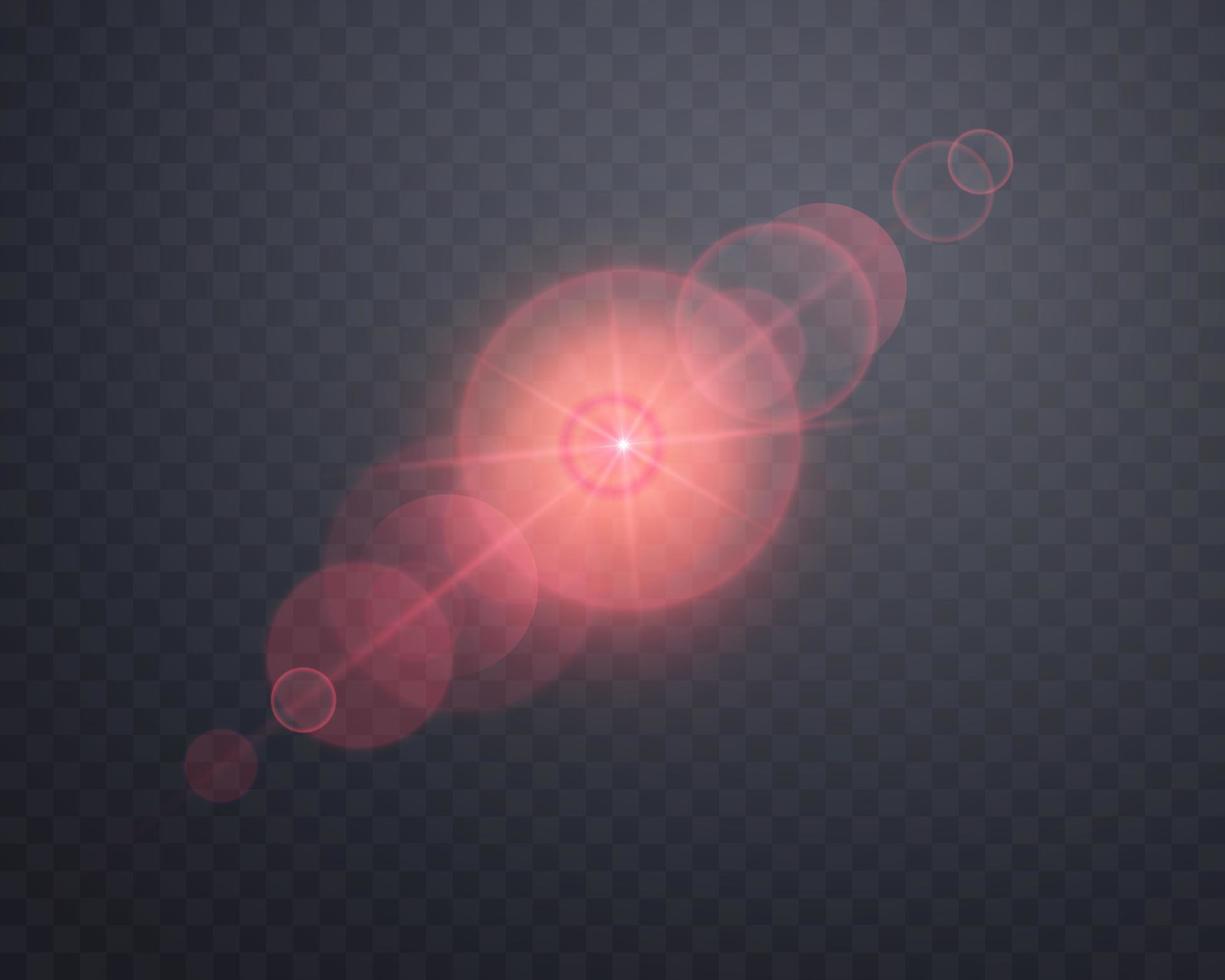 Red sunlight lens flare, sun flash with rays and spotlight. vector