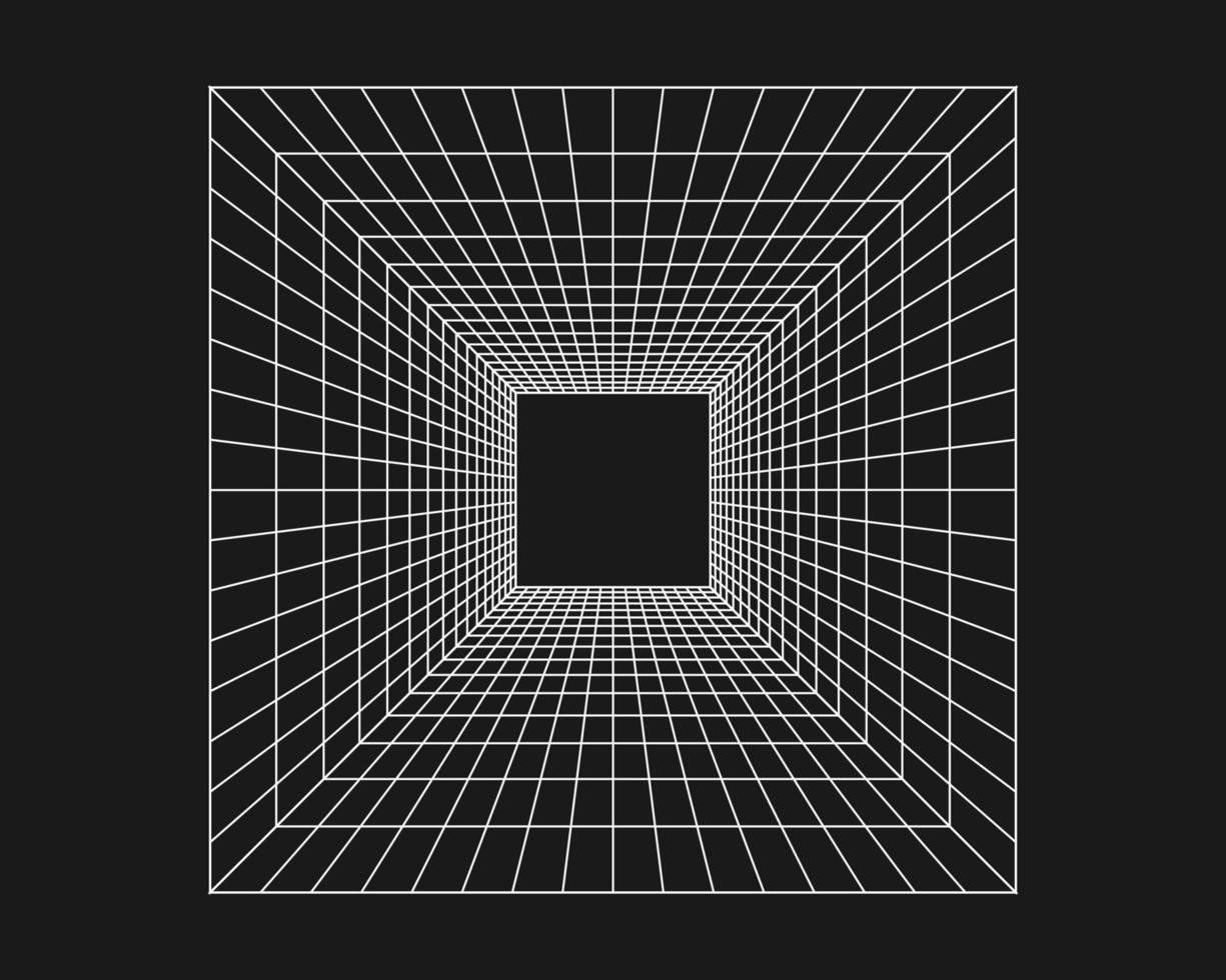 Cyber grid, retro punk perspective rectangular tunnel. Grid tunnel geometry on black background. Vector illustration.
