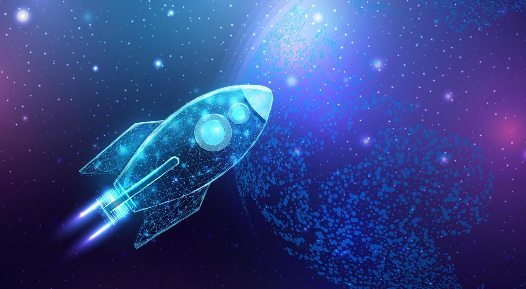 Wireframe polygonal rocket with globe map. Internet technology network, business startup concept with glowing low poly rocket. Futuristic abstract vector illustration.
