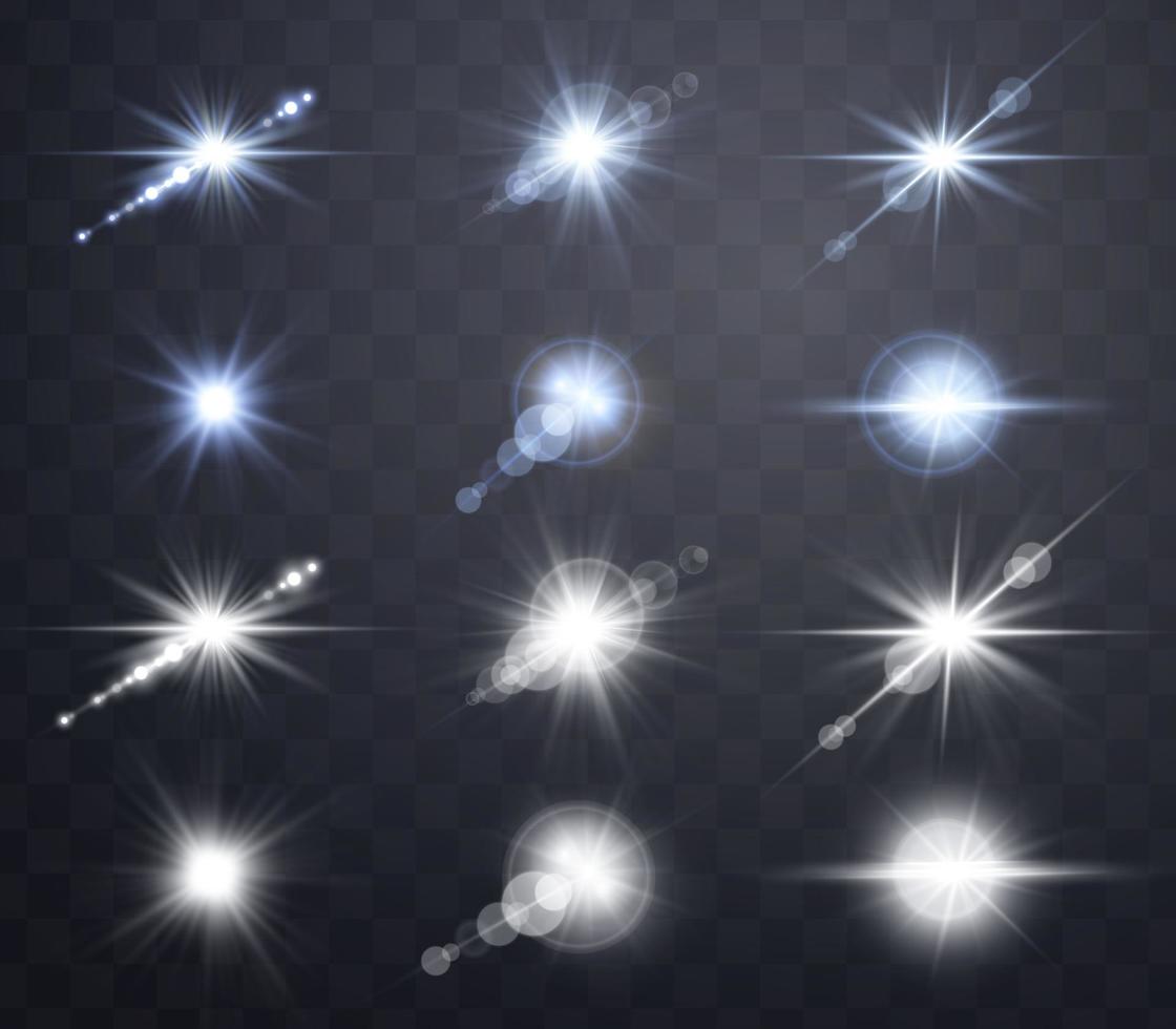 Blue and silver lens flares set. Isolated on transparent background. Vector illustration.