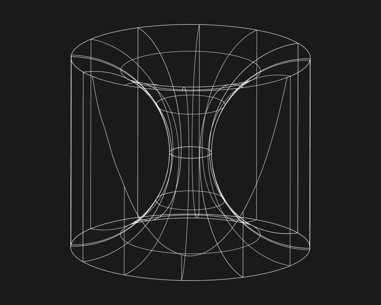 Cyber distorted shape, retro punk design element. Wireframe wave geometry shape on black background. Vector illustration.