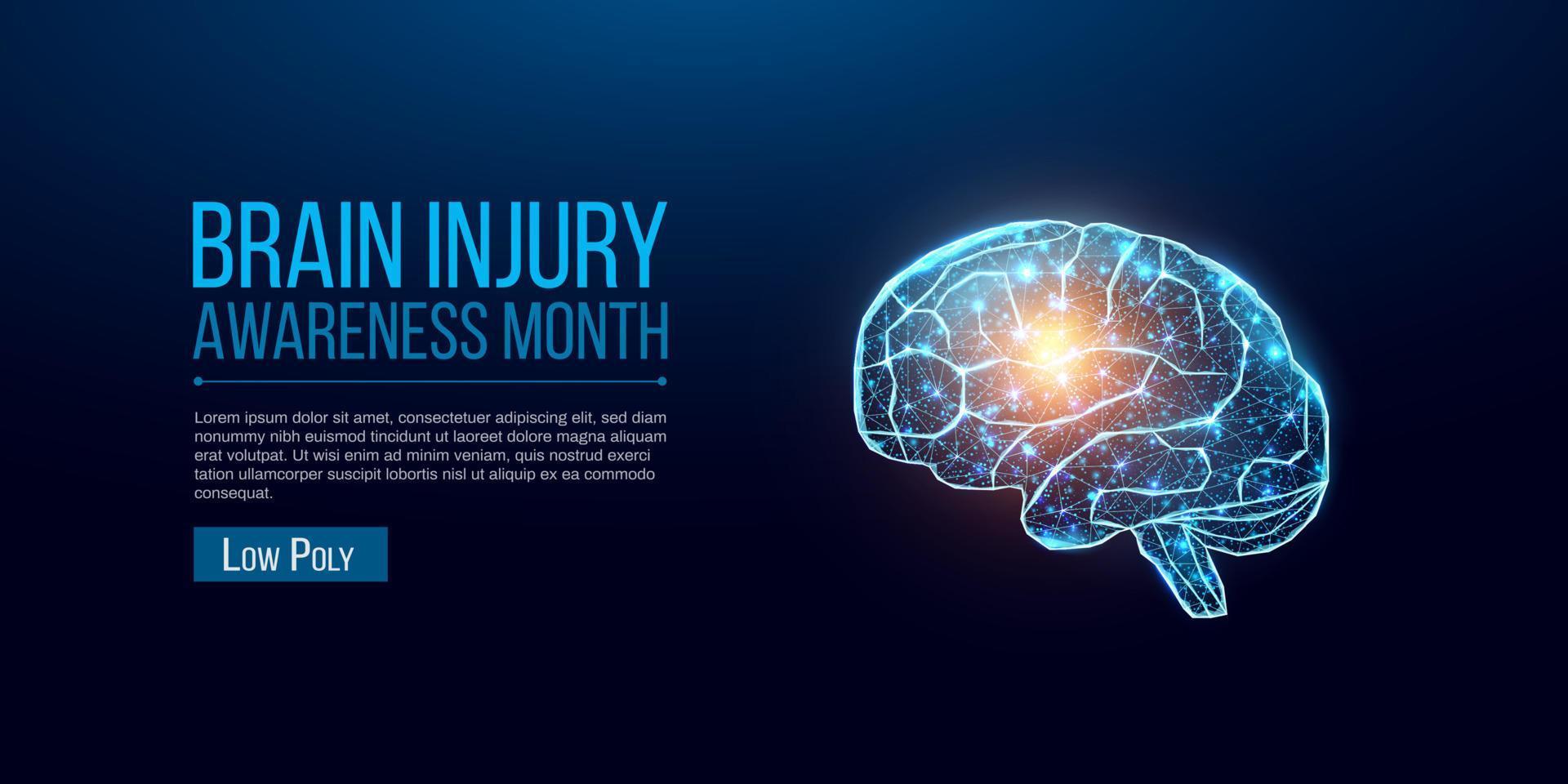 Brain injury awareness month concept with glowing low poly brain. Wireframe low poly style. Abstract modern 3d vector illustration on dark blue background.