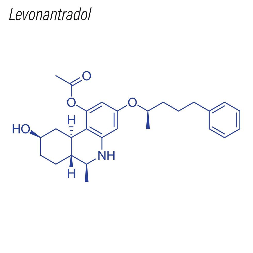 fórmula esquelética vectorial de levonantradol. molécula química de drogas vector