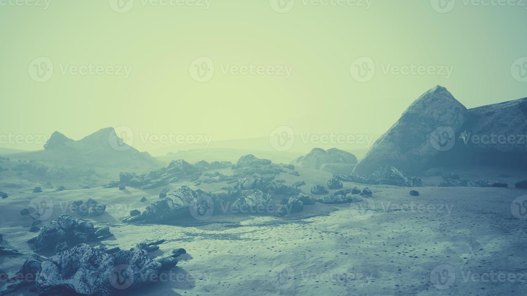 foggy mountain landscape with snow cornice over abyss inside cloud photo