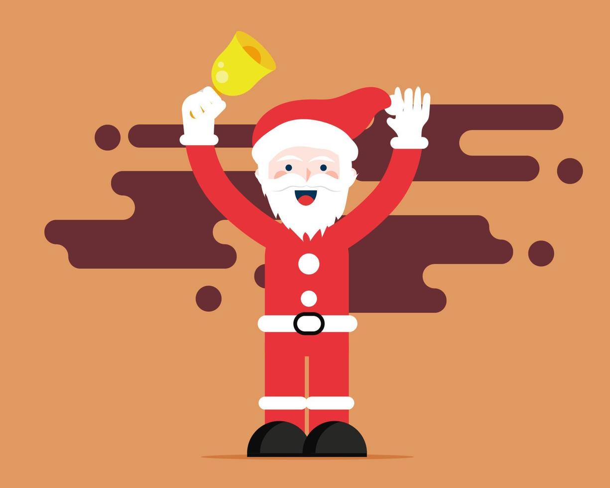 Happy Santa Claus with red dress and yellow bell in his hand. Merry Christmas and happy new year concept. Cartoon vector style for your design.