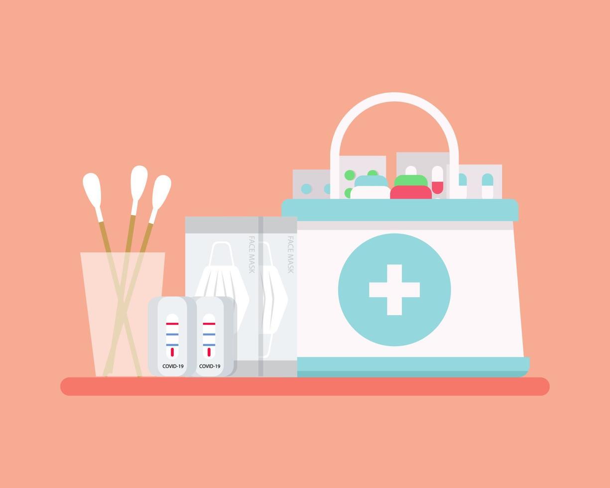 Home Isolation in covid-19 crisis concept. pill, alcohol, mask, rapid antigen test kid. Cartoon vector style for your design