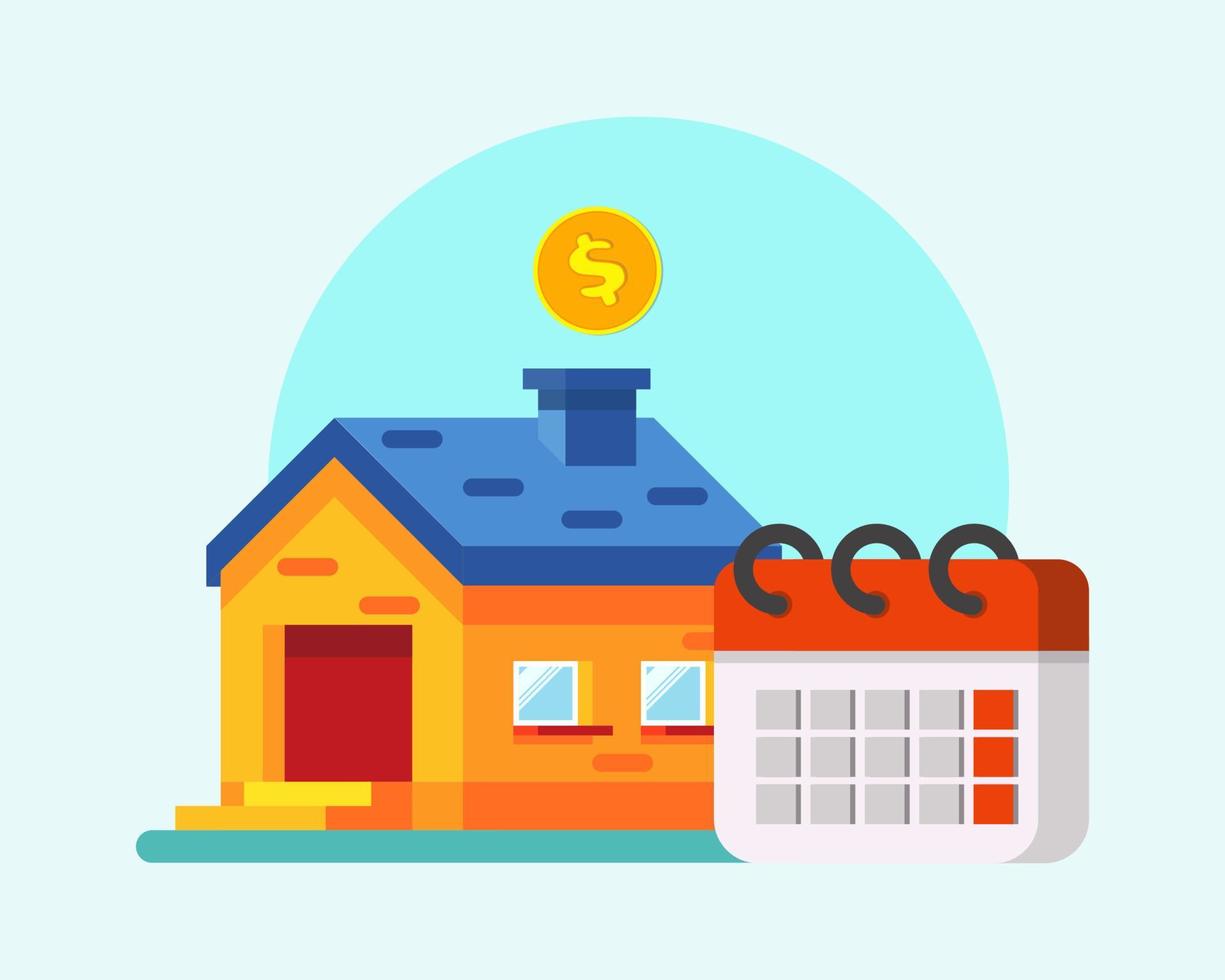House, coins and calendar. Cartoon vector flat design.
