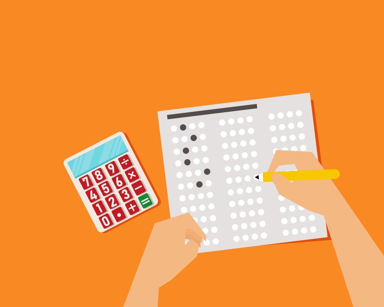 Answers sheet with yellow sharp pencil in hand and calculator. Top view of them. Take the exam timely concept. vector