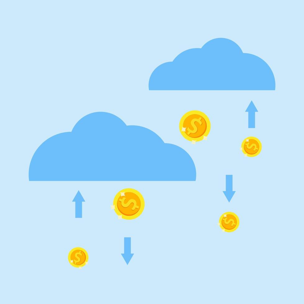 nubes azules y monedas de oro. concepto de éxito, economía y riqueza. estilo de vector de dibujos animados para su diseño.