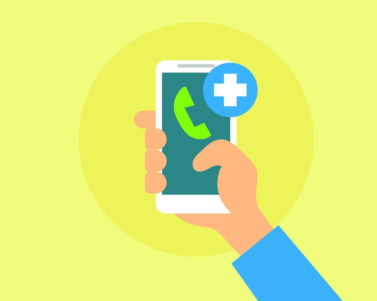 Online medicine concept. Hand hold a smartphone. Cartoon vector style for your design.