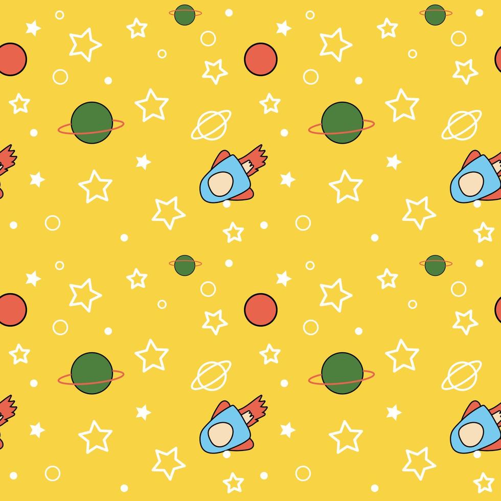 Colorful Flat design. space and planet concept. Cute template with planets, space ship and Stars in space. Seamless pattern background. vector