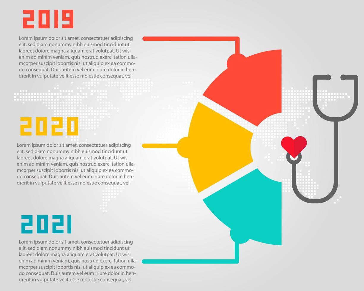 Health care or heart disease charts concept. Timeline half circles infographic, stethoscope and red hearts shape. Flat Vector design template.