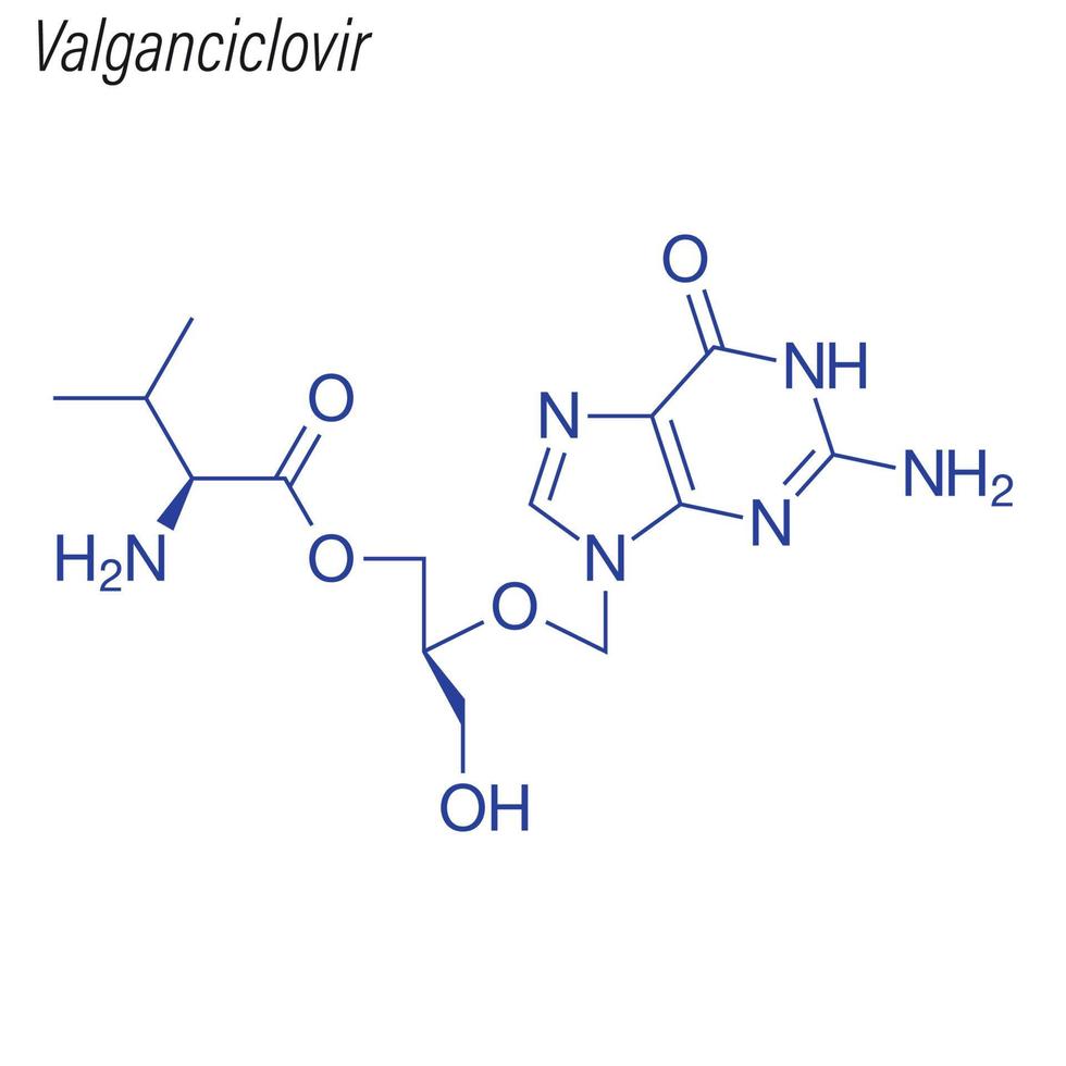 fórmula esquelética vectorial de valganciclovir. molécula química de drogas vector