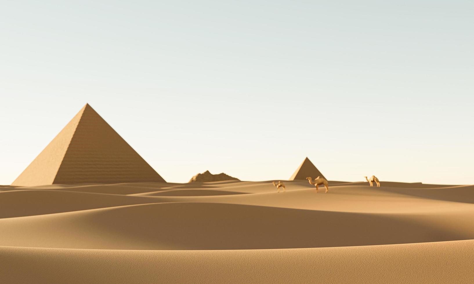 el vasto desierto está distante con pirámides y varios camellos caminan en el desierto. paisaje diurno en el desierto el sol es brillante y brillante. representación 3d foto