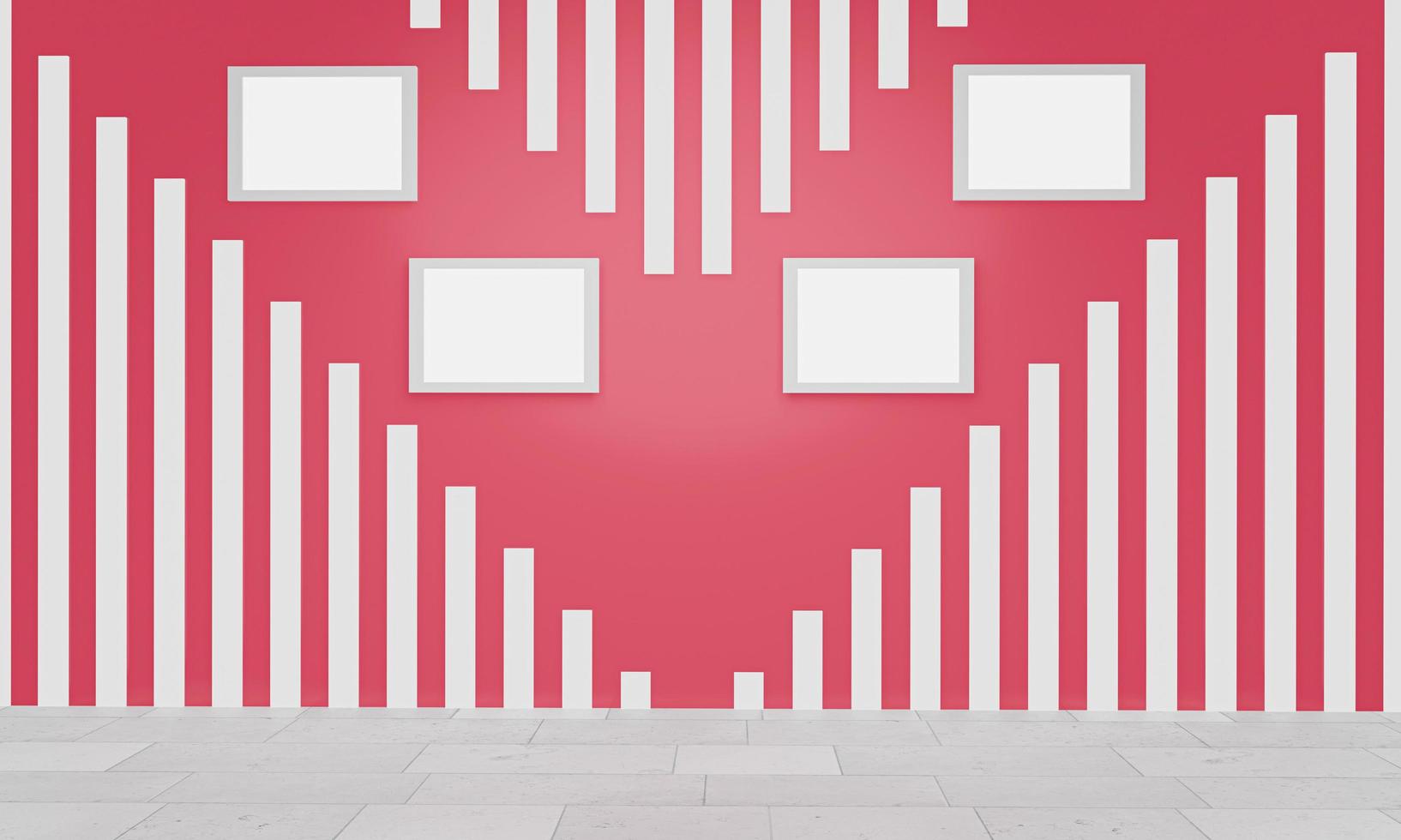 Walls in pale red or pastel pink. Slat panels in white pattern. Modern wall or background design. Marble floor in square grid pattern. 3D Rendering photo