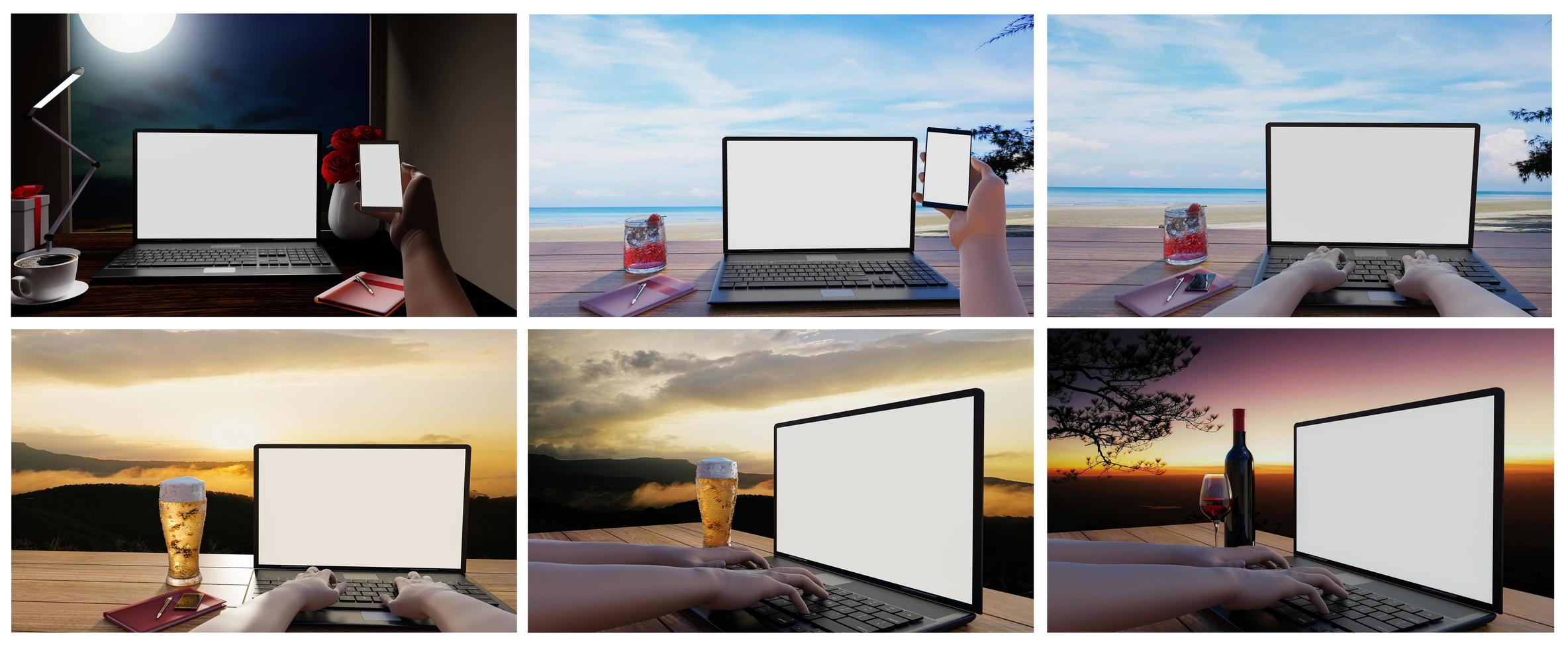 Set of a computer or laptop with a blank screen placed on a wooden table with a glass of wine, beer. Work outside for recreation. Mountain landscapes with pine trees and morning sunlight. 3D Rendering photo