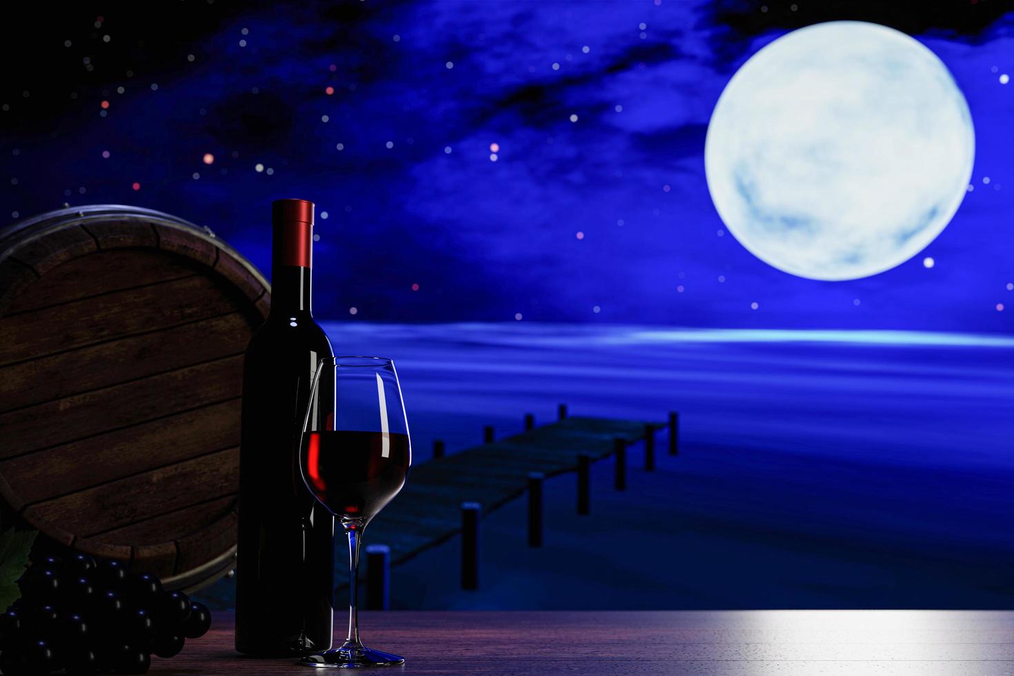 Red wine in a glass. Wine Bottles and Wine Fermentation Tanks Place on a table on a wooden surface. Background Sea at Night There is a full moon and a full star sky. Romantic 3D Rendering Scene photo