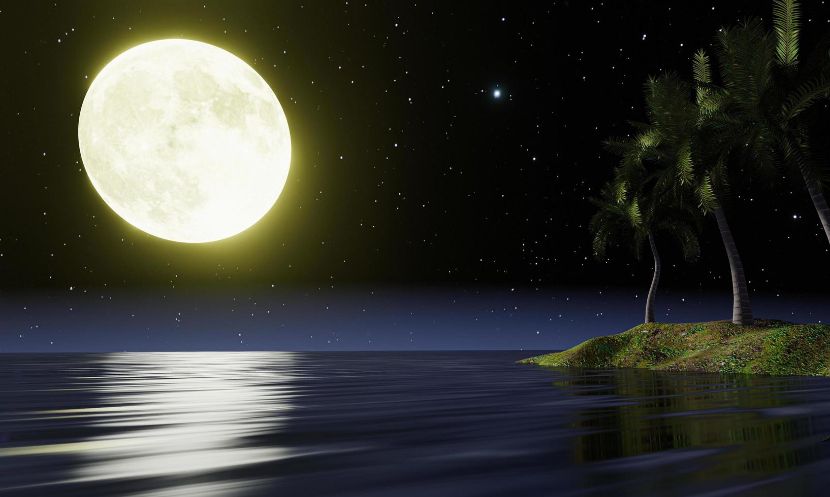 The blue full moon is reflected in the sea. A wave of water from the ocean to island. The sky has many stars. Ripples on the sea at night. 3D Rendering photo