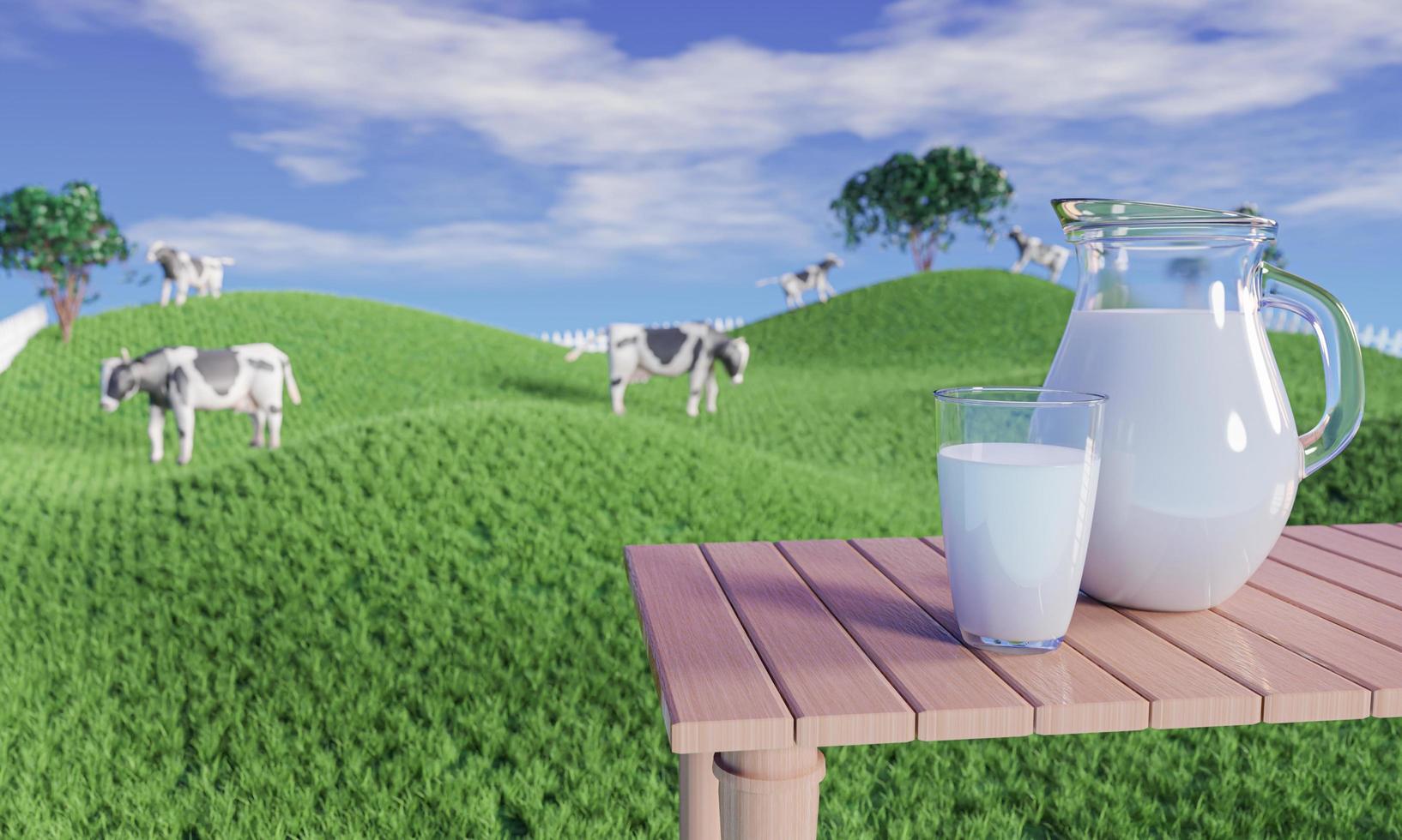 Fresh milk in clear glass and milk jug on the reflective plank floor. Bright green grassland cows are walking freely and enjoying eating grass. Clear blue sky with white clouds. 3D rendering photo