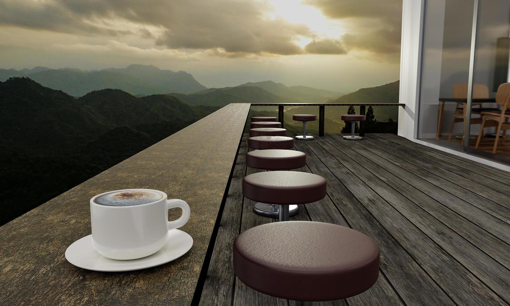 A restaurant or coffee shop has a mountainous landscape and some morning mist. The sunlight on the top of the hill. Balcony or terrace Plank floors and long tables made of wood and timber.3d Rendering photo