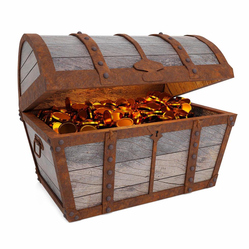 Golden coins in Old broken vintage pirate treasure chest. Rotten and broken. Storing valuables Made of cracked wood And rusted metal texture Isolated on white background and wallpaper.3D Rendering. photo