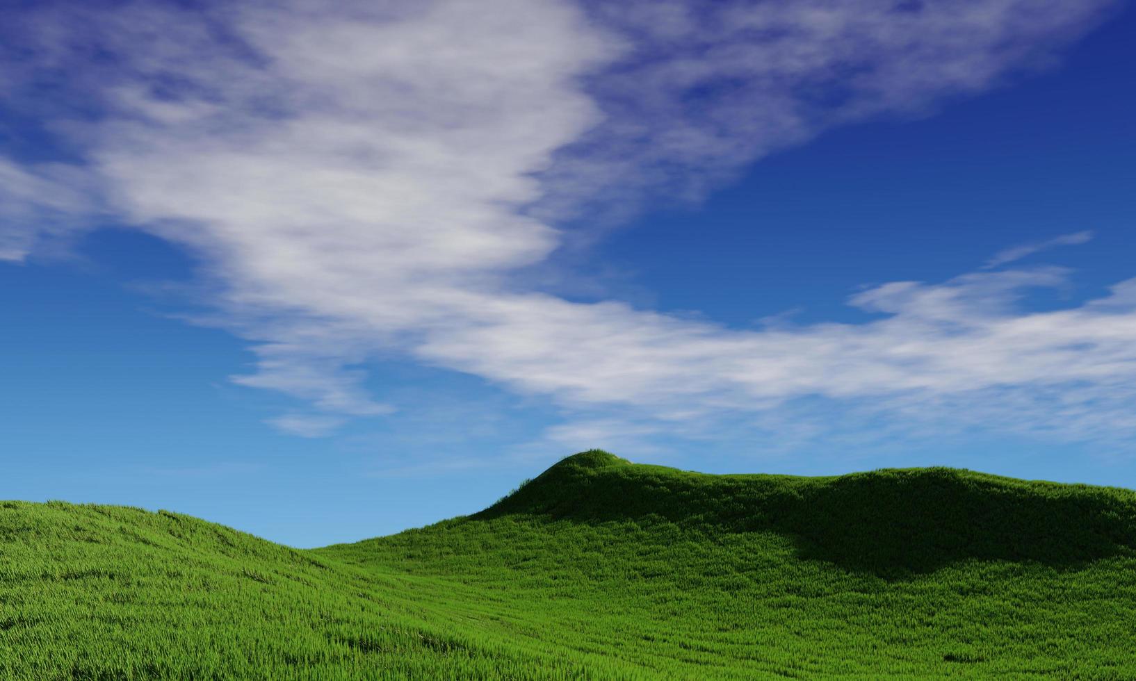 cielo azul y hermosa nube con árbol de pradera. fondo de paisaje llano para el cartel de verano. la mejor vista para vacaciones. imagen de campo de hierba verde y cielo azul con nubes blancas foto