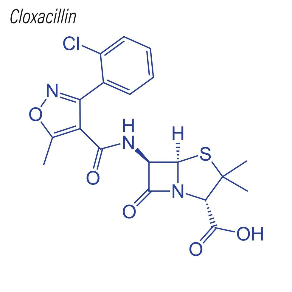 Vector Skeletal formula of Cloxacillin. Drug chemical molecule.